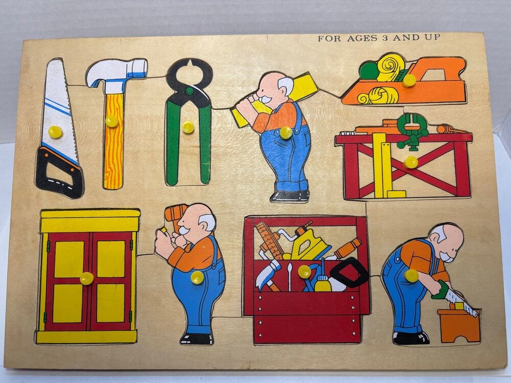 Vintage Wood Peg Tray Puzzle - Grandpa Tools Theme